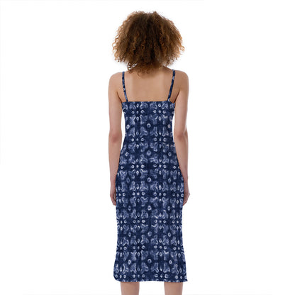 Shibori Floral Pattern Print Slim Fit Midi Cami Dress