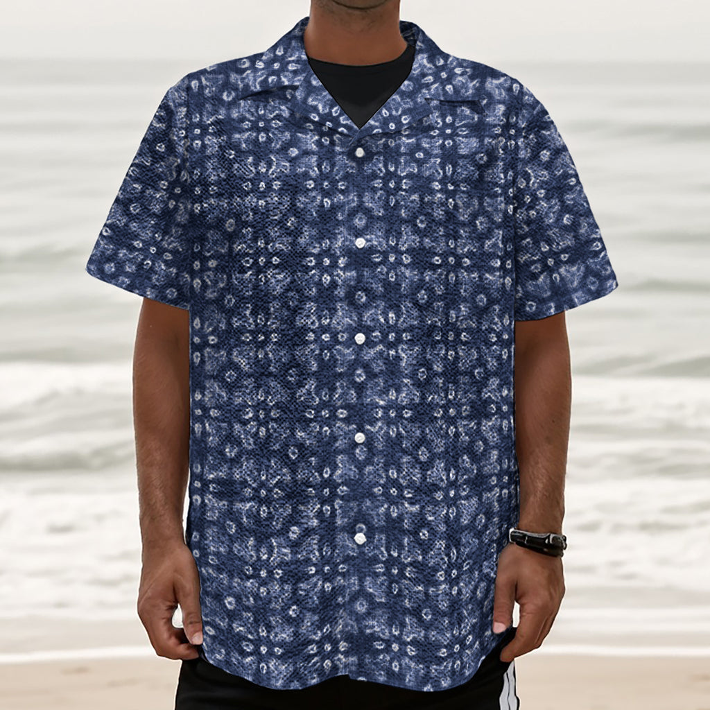 Shibori Floral Pattern Print Textured Short Sleeve Shirt