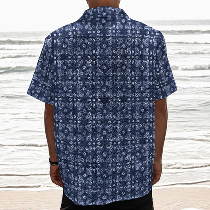 Shibori Floral Pattern Print Textured Short Sleeve Shirt