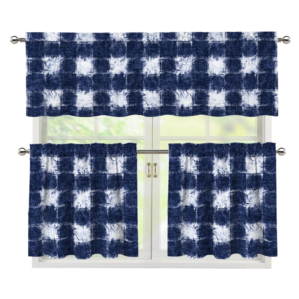 Shibori Grid Pattern Print 3 Piece Kitchen Curtains