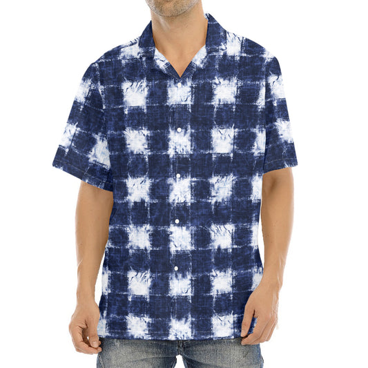 Shibori Grid Pattern Print Aloha Shirt
