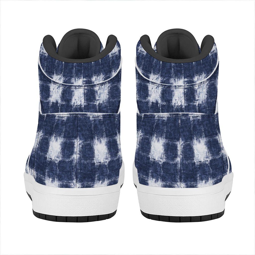 Shibori Grid Pattern Print High Top Leather Sneakers