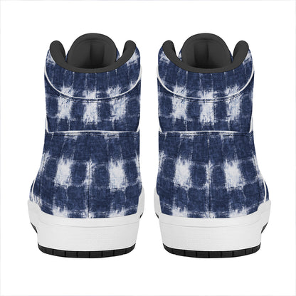 Shibori Grid Pattern Print High Top Leather Sneakers