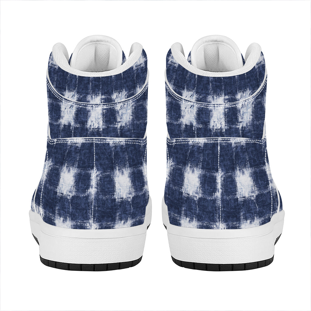 Shibori Grid Pattern Print High Top Leather Sneakers