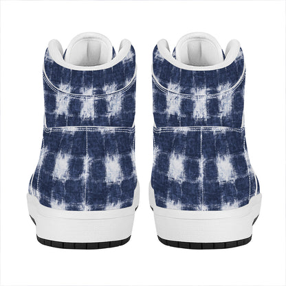 Shibori Grid Pattern Print High Top Leather Sneakers