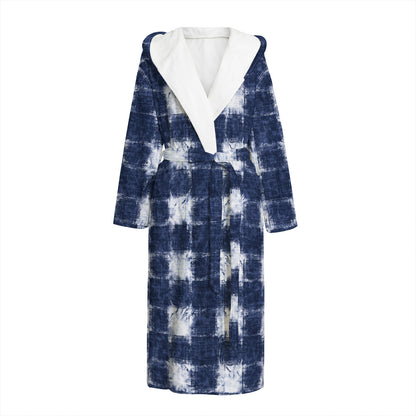Shibori Grid Pattern Print Hooded Bathrobe