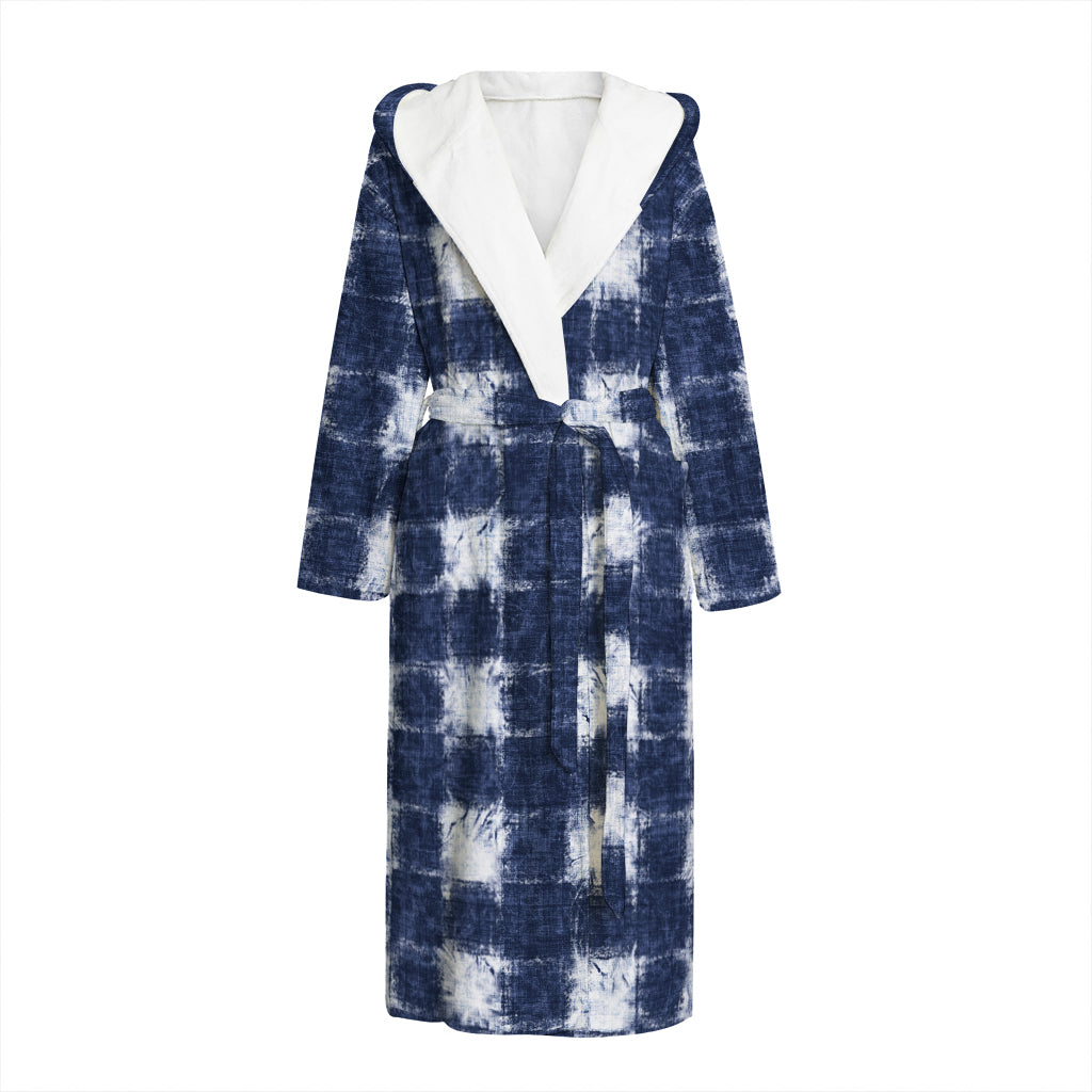 Shibori Grid Pattern Print Hooded Bathrobe