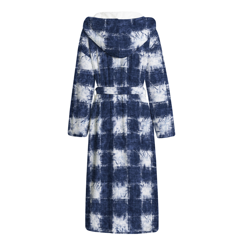 Shibori Grid Pattern Print Hooded Bathrobe