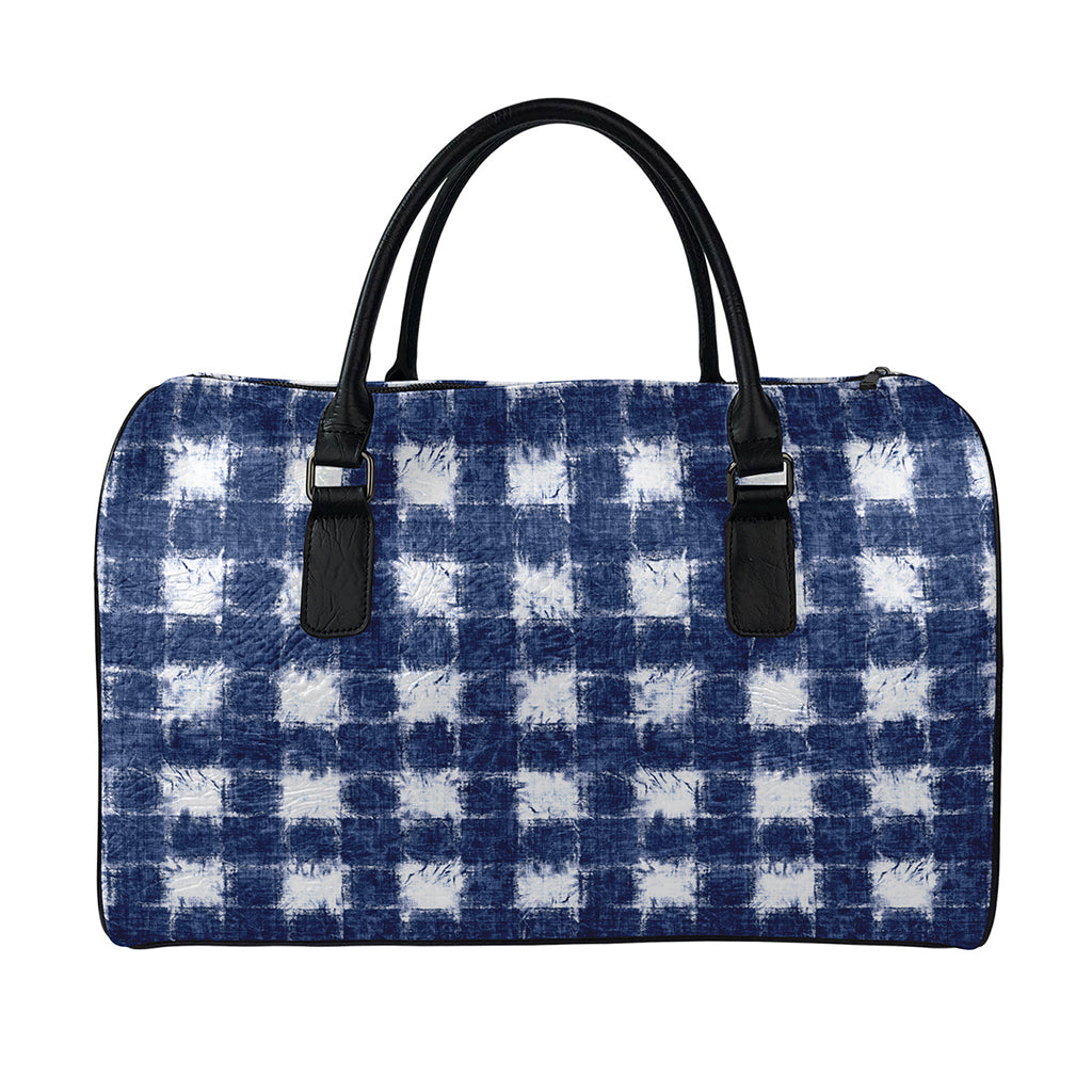 Shibori Grid Pattern Print Leather Duffle Bag
