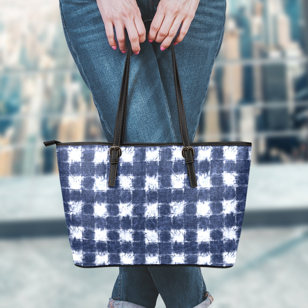 Shibori Grid Pattern Print Leather Tote Bag