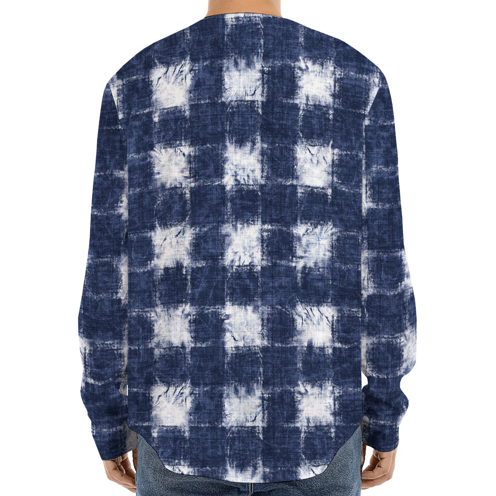 Shibori Grid Pattern Print Long Sleeve Baseball Jersey