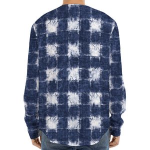 Shibori Grid Pattern Print Long Sleeve Baseball Jersey