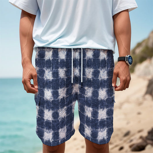 Shibori Grid Pattern Print Men's Cargo Shorts