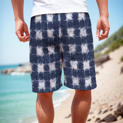 Shibori Grid Pattern Print Men's Cargo Shorts