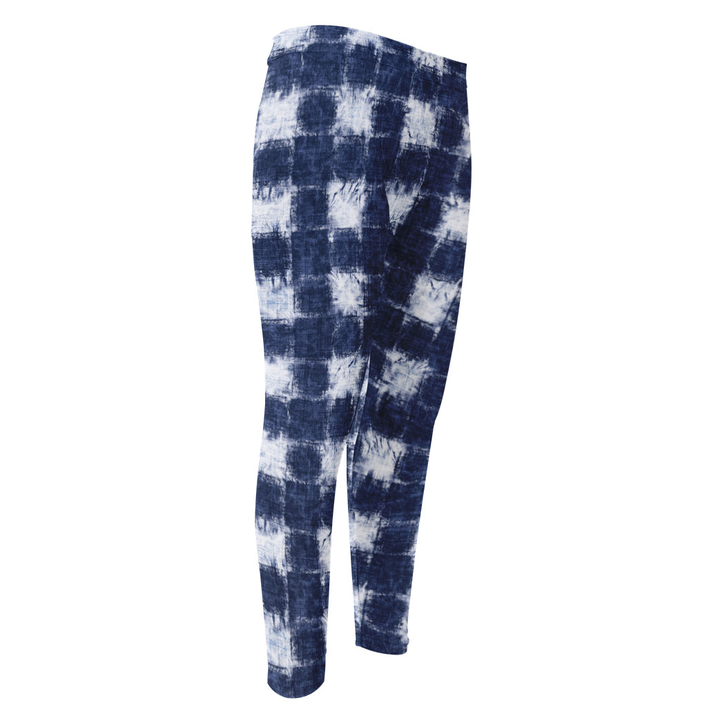 Shibori Grid Pattern Print Men's Compression Pants