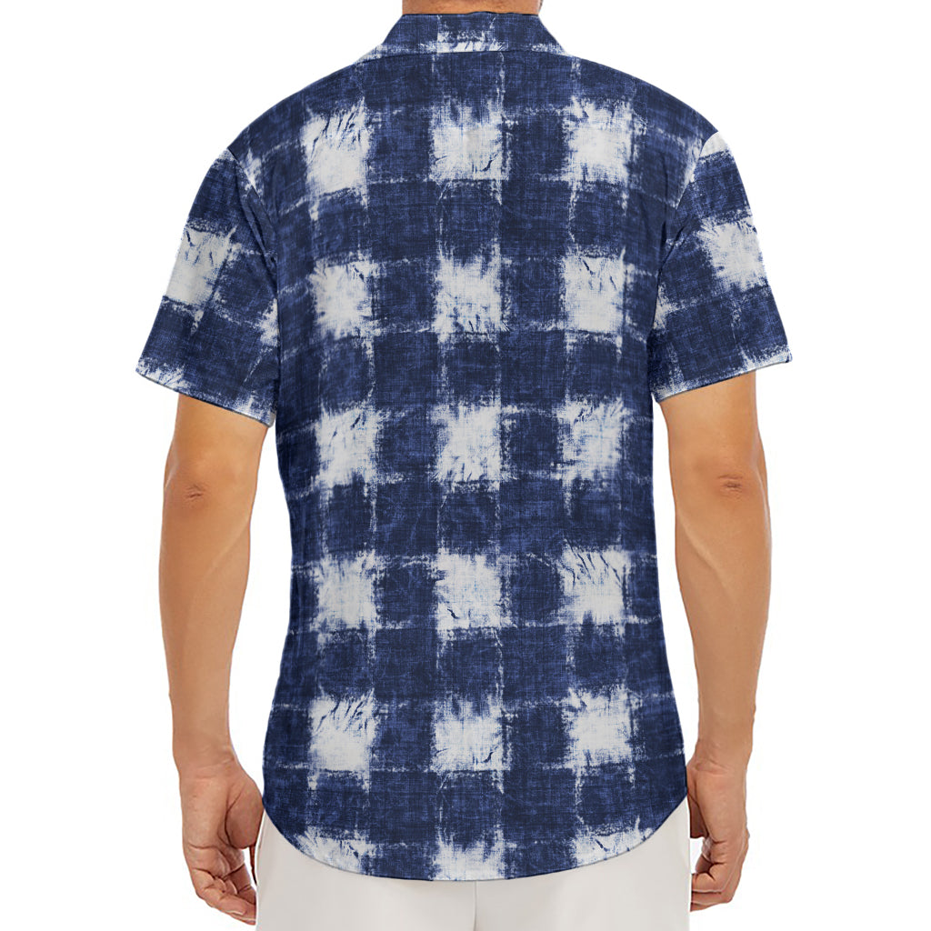 Shibori Grid Pattern Print Men's Deep V-Neck Shirt