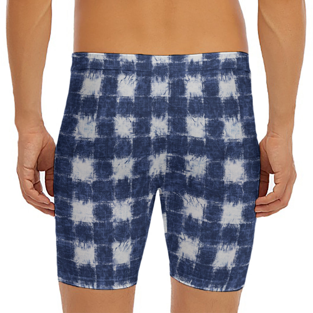 Shibori Grid Pattern Print Men's Long Boxer Briefs