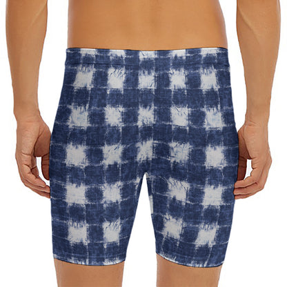 Shibori Grid Pattern Print Men's Long Boxer Briefs
