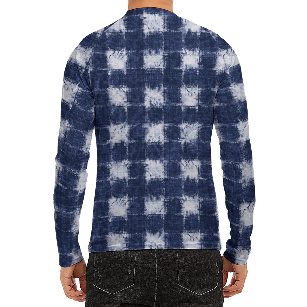 Shibori Grid Pattern Print Men's Long Sleeve Rash Guard