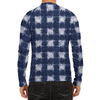 Shibori Grid Pattern Print Men's Long Sleeve Rash Guard