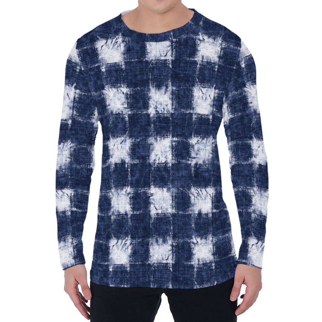 Shibori Grid Pattern Print Men's Long Sleeve T-Shirt