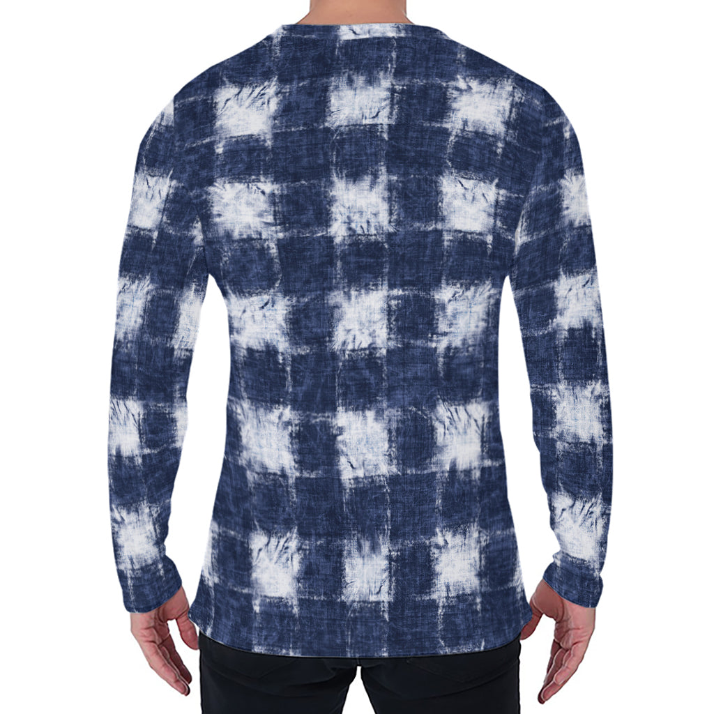 Shibori Grid Pattern Print Men's Long Sleeve T-Shirt