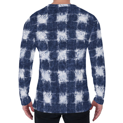 Shibori Grid Pattern Print Men's Long Sleeve T-Shirt