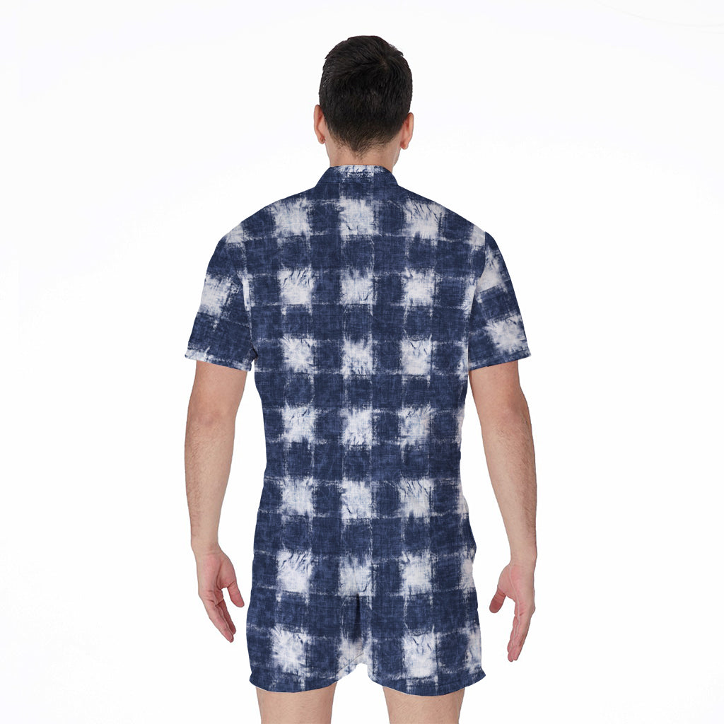 Shibori Grid Pattern Print Men's Rompers