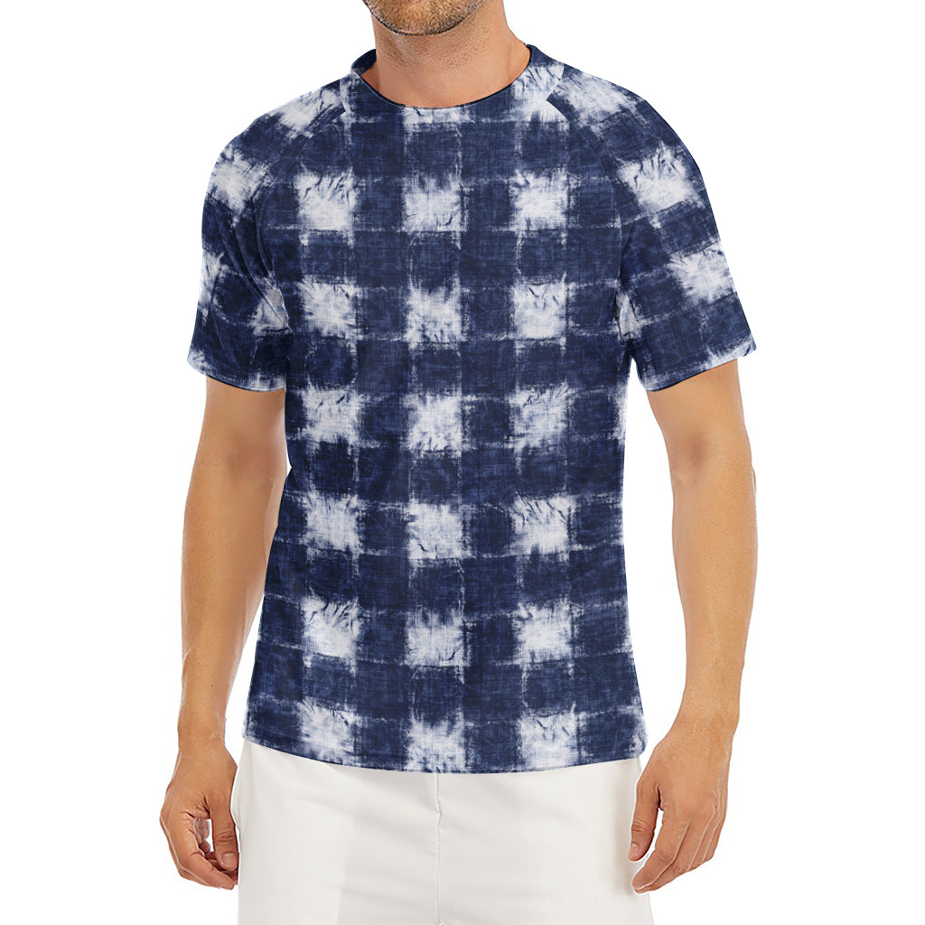 Shibori Grid Pattern Print Men's Short Sleeve Rash Guard