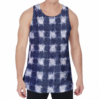 Shibori Grid Pattern Print Men's Velvet Tank Top