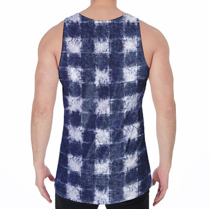 Shibori Grid Pattern Print Men's Velvet Tank Top