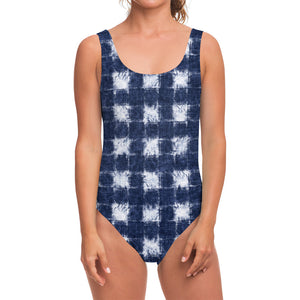 Shibori Grid Pattern Print One Piece Swimsuit