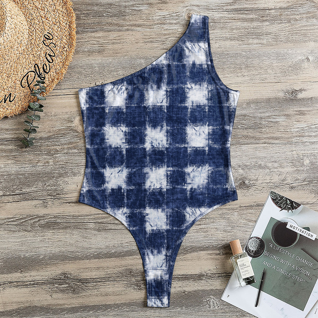 Shibori Grid Pattern Print One Shoulder Bodysuit