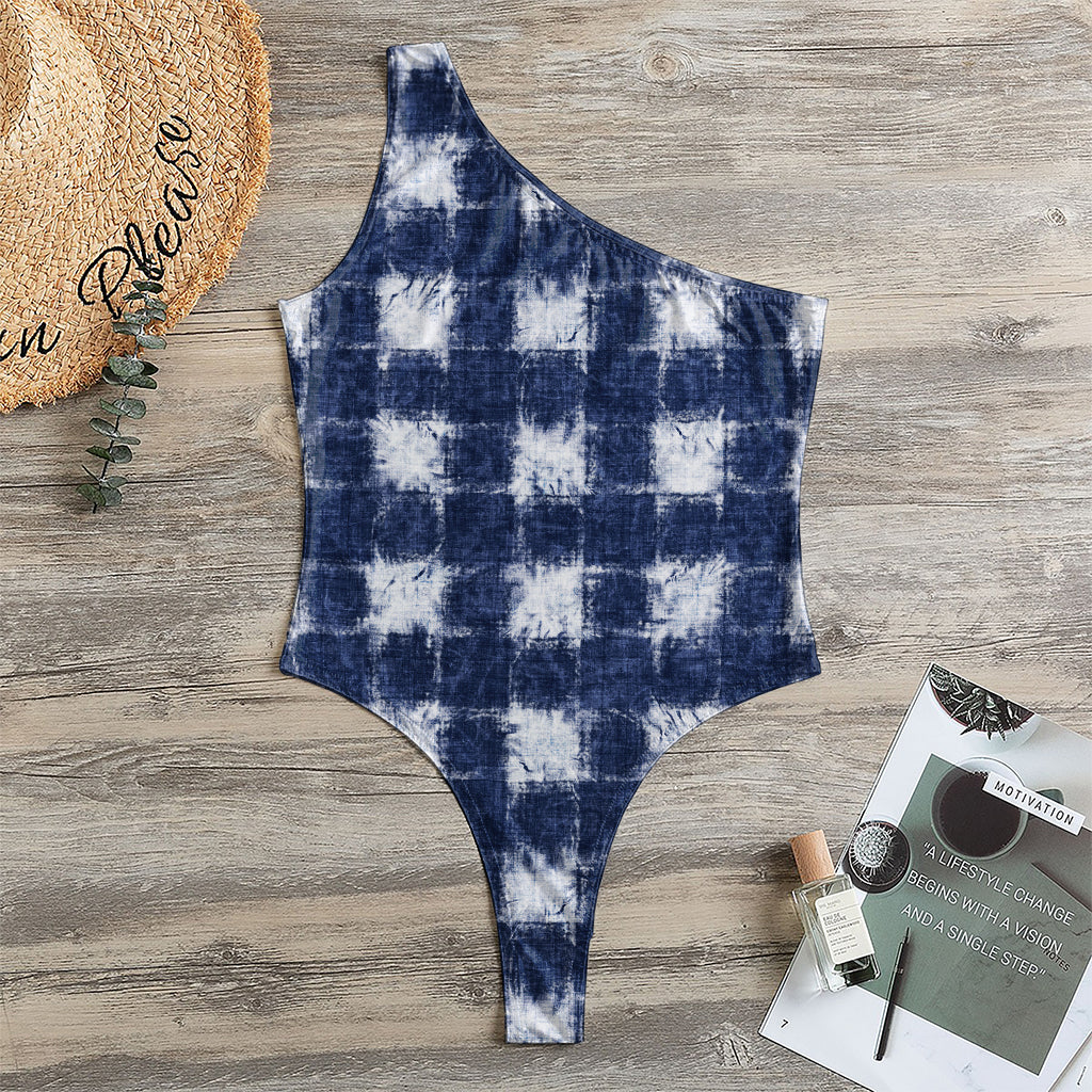 Shibori Grid Pattern Print One Shoulder Bodysuit