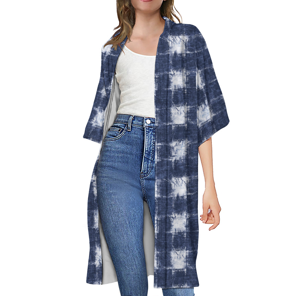 Shibori Grid Pattern Print Open Front Beach Cover Up