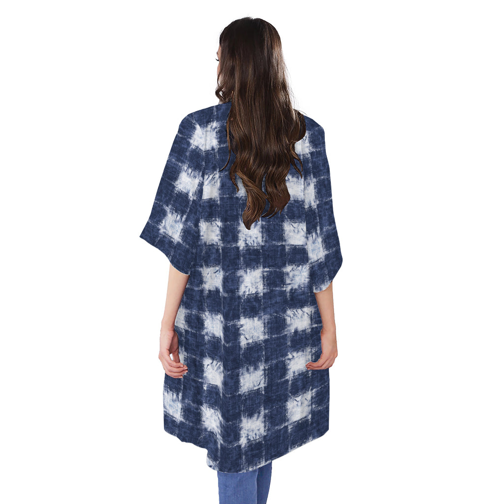 Shibori Grid Pattern Print Open Front Beach Cover Up