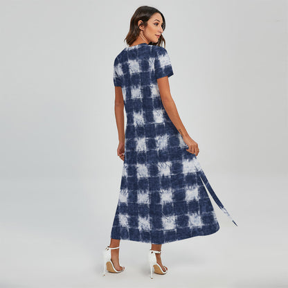 Shibori Grid Pattern Print Short Sleeve Maxi Dress