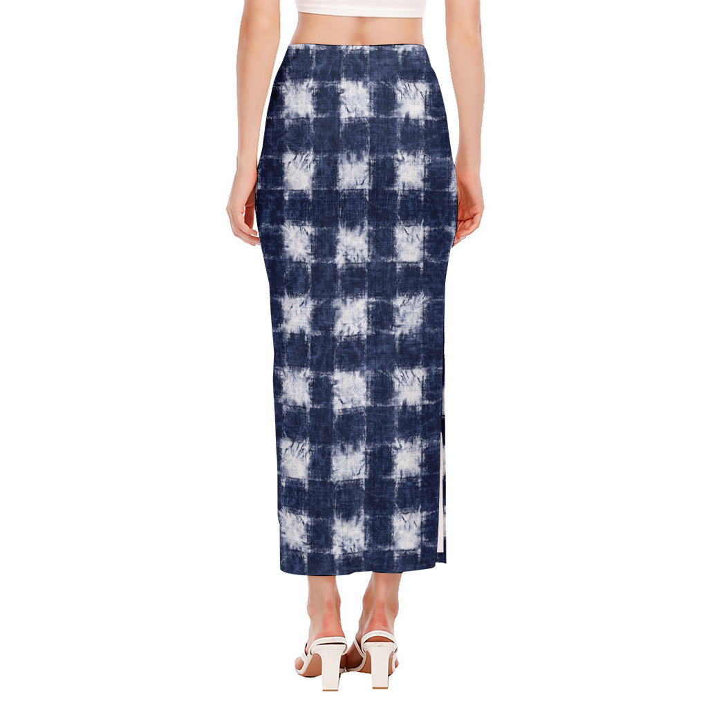 Shibori Grid Pattern Print Side Slit Maxi Skirt