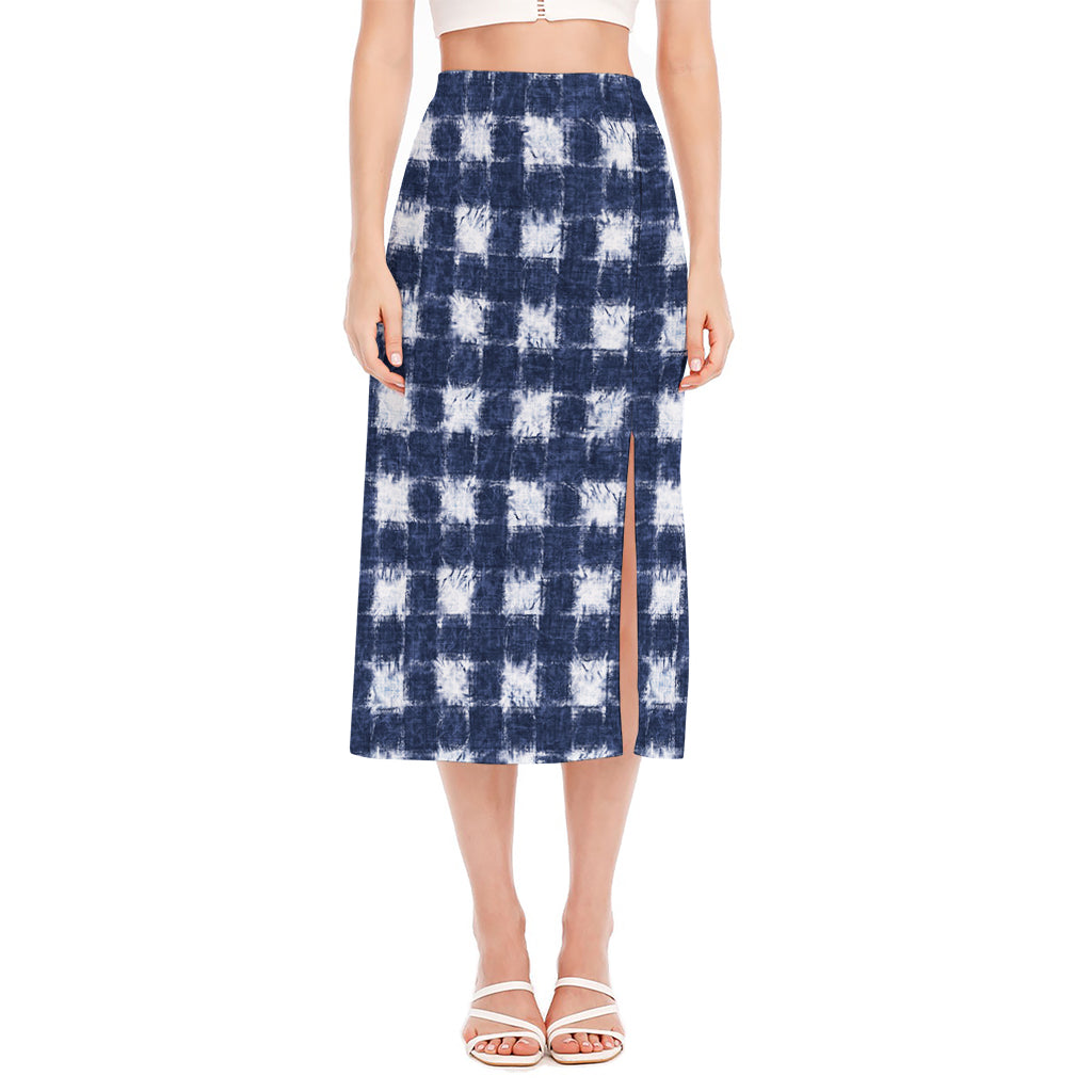 Shibori Grid Pattern Print Side Slit Midi Skirt