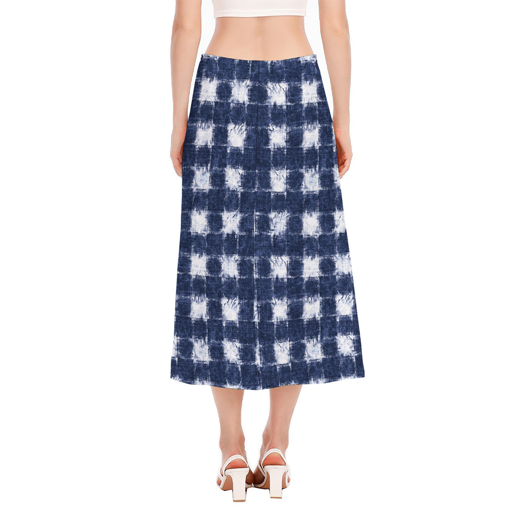 Shibori Grid Pattern Print Side Slit Midi Skirt