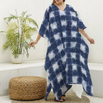 Shibori Grid Pattern Print Silk V-Neck Kaftan Dress