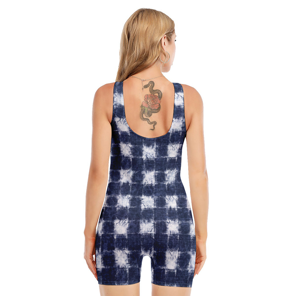 Shibori Grid Pattern Print Sleeveless One Piece Swimsuit