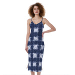 Shibori Grid Pattern Print Slim Fit Midi Cami Dress