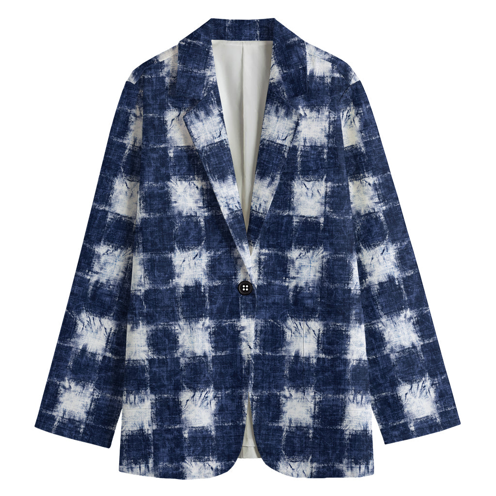 Shibori Grid Pattern Print Women's Cotton Blazer