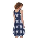 Shibori Grid Pattern Print Women's Sleeveless Dress