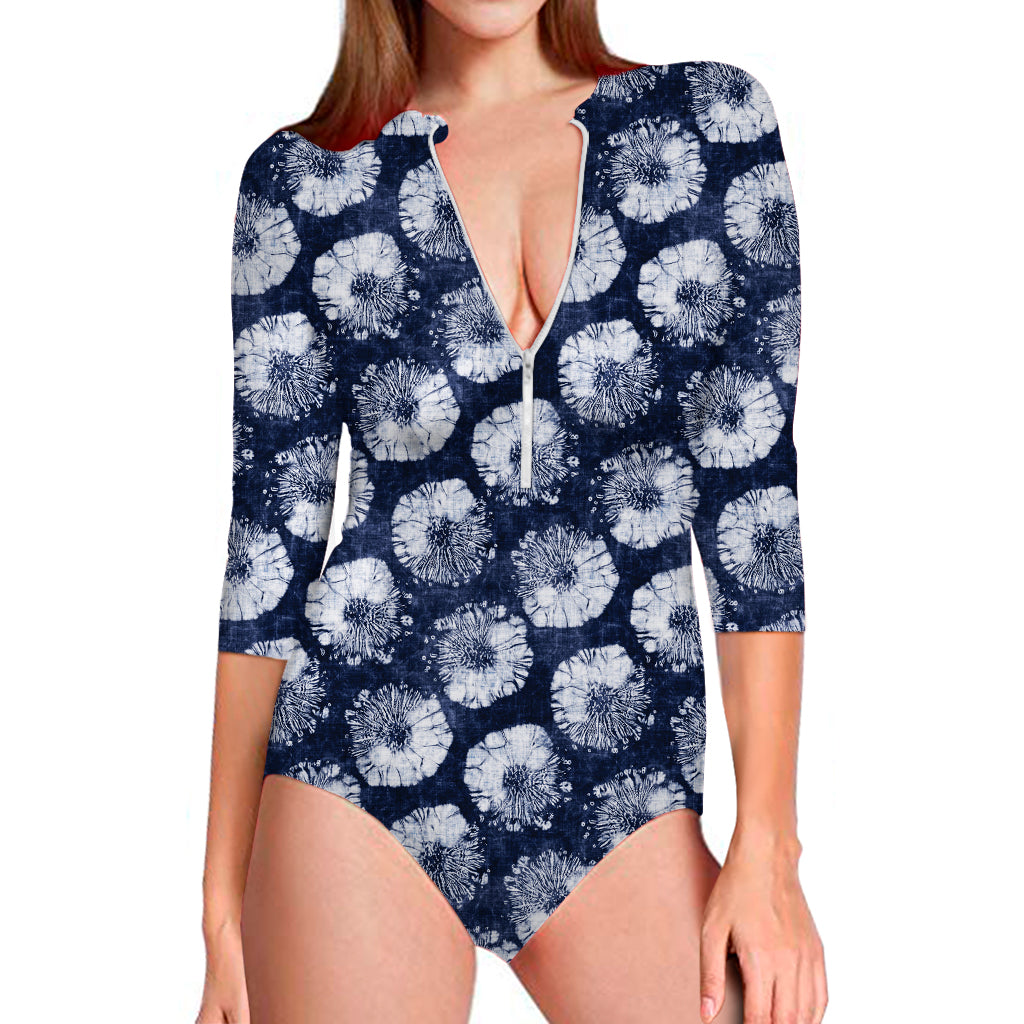 Shibori Motif Pattern Print Long Sleeve Swimsuit