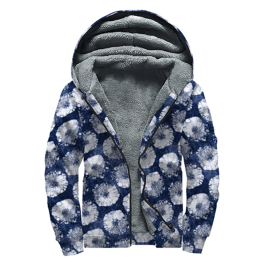 Shibori Motif Pattern Print Sherpa Lined Zip Up Hoodie