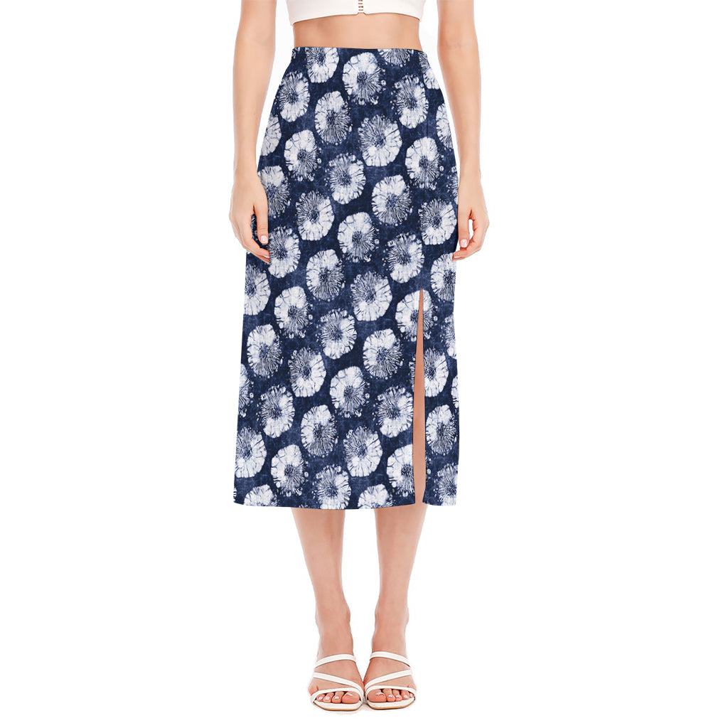 Shibori Motif Pattern Print Side Slit Midi Skirt