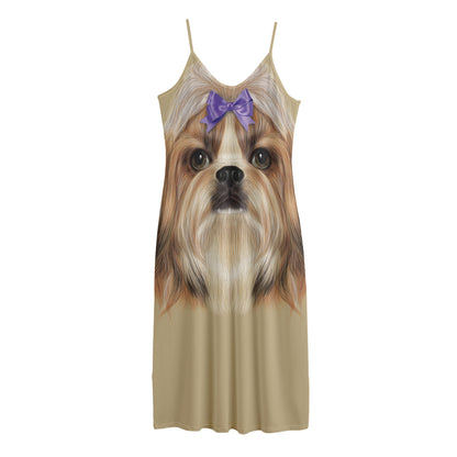Shih Tzu Portrait Print Jersey Midi Cami Dress