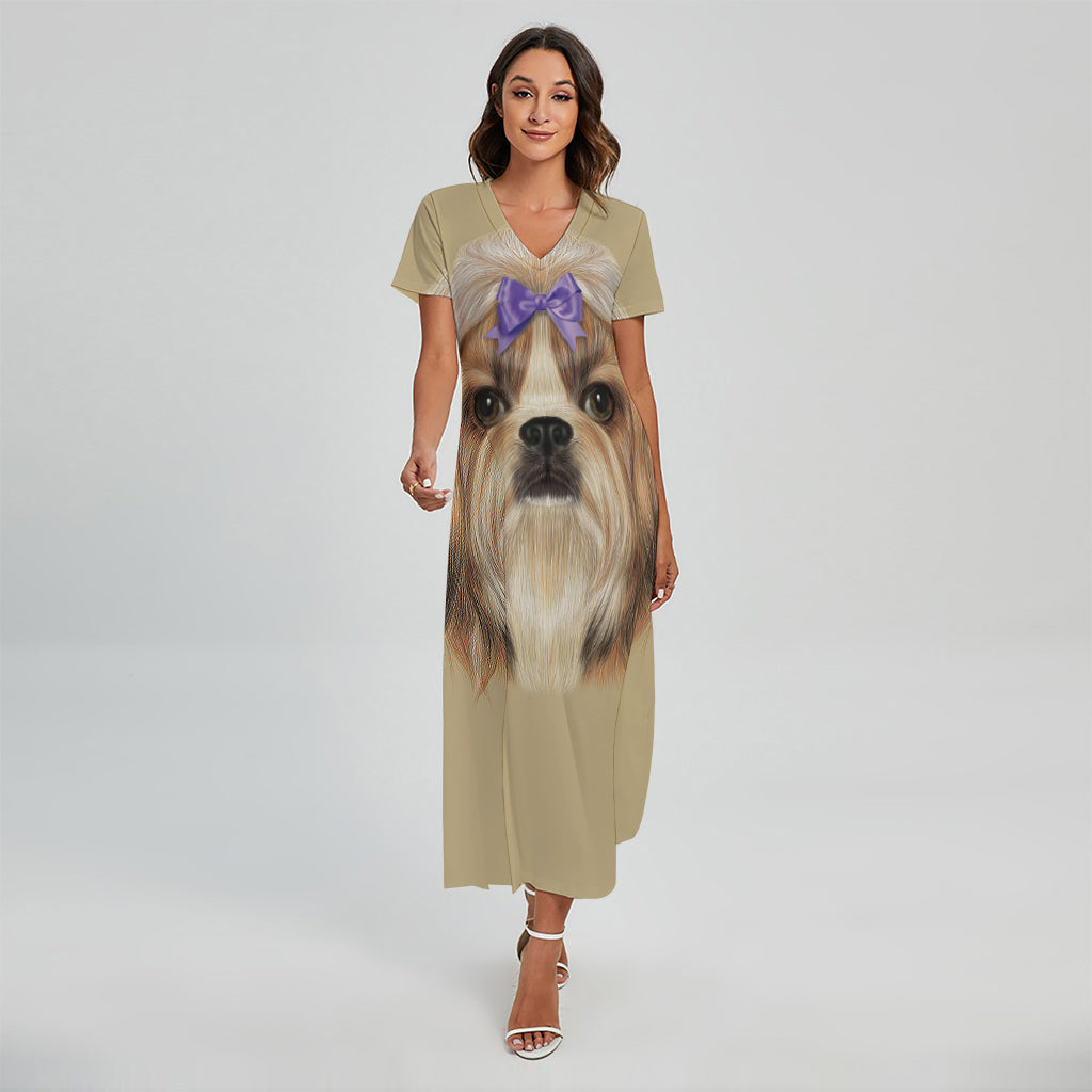 Shih Tzu Portrait Print Short Sleeve Maxi Dress